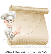 Vector Illustration of a Happy Young Male Chef Pointing to a Scroll Menu Sign by AtStockIllustration