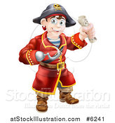 Vector Illustration of a Happy Young Male Pirate Captain with a Hook Hand, Holding a Rolled Treasure Map by AtStockIllustration