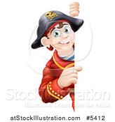 Vector Illustration of a Happy Young Pirate Captain Looking Around and Pointing to a Sign by AtStockIllustration