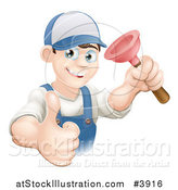 Vector Illustration of a Happy Young Plumber Holding a Plunger and a Thumb up by AtStockIllustration