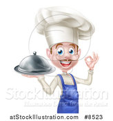 Vector Illustration of a Happy Young White Male Chef with a Mustache, Gesturing Ok and Holding a Cloche Platter by AtStockIllustration