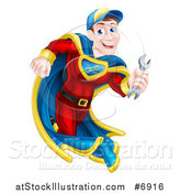 Vector Illustration of a Happy Young White Male Super Hero Mechanic Running with a Wrench by AtStockIllustration