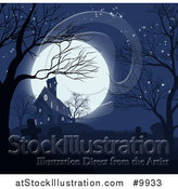 Vector Illustration of a Haunted House and Cemetery Against a Full Moon by AtStockIllustration