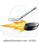 Vector Illustration of a Hockey Stick Hitting a Flaming Hockey Puck by AtStockIllustration