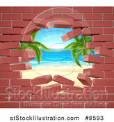 Vector Illustration of a Hole in a 3d Brick Wall, Revealing a Tropical Beach by AtStockIllustration