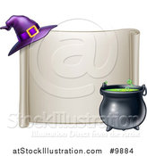 Vector Illustration of a Horizontal Blank Scroll Sign with a Boiling Cauldron and Purple Witch Hat by AtStockIllustration