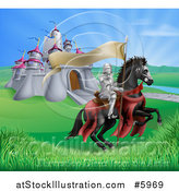 Vector Illustration of a Horseback Medieval Knight in Armor, Riding with a Banner in a Lush Landscape by a Castle by AtStockIllustration