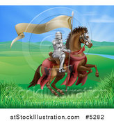 Vector Illustration of a Horseback Medieval Knight in Armor, Riding with a Banner in a Lush Landscape by AtStockIllustration