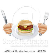 Vector Illustration of a Hungry Persons Hands Holding Silverware by a Cheeseburger by AtStockIllustration