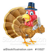 Vector Illustration of a Hungry Thanksgiving Turkey Bird Wearing a Pilgrim Hat and Holding Silverware by AtStockIllustration