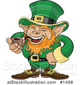 Vector Illustration of a Jolly St Patricks Day Leprechaun with Red Hair, Dressed in Green and Laughing While Smoking a Tobacco Pipe by AtStockIllustration