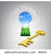 Vector Illustration of a Key Hole Door with Sunshine and Grass, a Skeleton Key and tHE FUTURE Text by AtStockIllustration