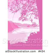 Vector Illustration of a Lake, Mountains and Trees in Pink Tones by AtStockIllustration