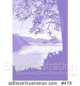 Vector Illustration of a Lake, Mountains and Trees in Purple Tones by AtStockIllustration