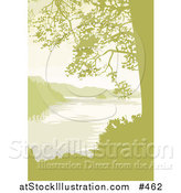 Vector Illustration of a Lake, Mountains and Trees in Yellow Tones by AtStockIllustration