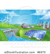 Vector Illustration of a Landscape of 3d Renewable Energy Plants with a Dam, Solar Panels, Wind Turbines, Coal Plants and Nuclear Plants by AtStockIllustration