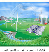 Vector Illustration of a Landscape of Wind Turbine Nuclear Fossil Fuel Coal Solar Panels and Hydro Electric Power Generation Plants by AtStockIllustration