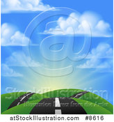 Vector Illustration of a Landscape with a Road Going over Green Hills Against Sunrise by AtStockIllustration