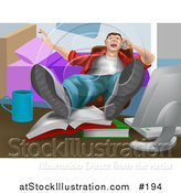 Vector Illustration of a Lazy Man Talking on the Phone with His Feet up on Books on a Table by AtStockIllustration