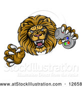 Vector Illustration of a Leaping Male Lion Holding a Video Game Controller by AtStockIllustration
