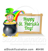 Vector Illustration of a Leprechaun with a Pot of Gold at the End of a Rainbow, with a Happy St Patricks Day Sign by AtStockIllustration