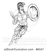 Vector Illustration of a Lineart Black and White Muscular Spartan Man in a Helmet Fighting and Jumping with a Sword and Shield by AtStockIllustration