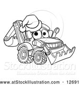 Vector Illustration of a Lineart Bulldozer Digger Mascot Character Wearing a Santa Hat by AtStockIllustration