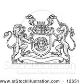 Vector Illustration of a Lion and Unicorn Flanking a Shield over a Blank Banner - Black Outline by AtStockIllustration