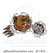 Vector Illustration of a Mad Grizzly Bear Mascot Breaking Through a Wall and Holding a Video Game Controller by AtStockIllustration