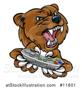 Vector Illustration of a Mad Grizzly Bear Mascot Holding a Video Game Controller by AtStockIllustration