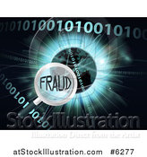 Vector Illustration of a Magnifying Glass Focused on FRAUD over a Globe, Burst and Binary Code by AtStockIllustration
