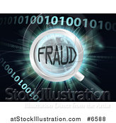 Vector Illustration of a Magnifying Glass Focused on FRAUD over Earth, a Burst and Binary Code by AtStockIllustration