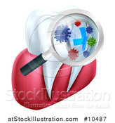 Vector Illustration of a Magnifying Glass over a Tooth, Displaying Bacteria and a Shield by AtStockIllustration