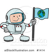 Vector Illustration of a Male Astronaut in a Space Suit, Holding a World Flag and Standing on a Planet by AtStockIllustration