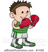 Vector Illustration of a Male Boxer in a Green and White Unfiorm, Wearing Red Gloves and Waiting for a Fight by AtStockIllustration