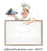 Vector Illustration of a Male Chef Holding a Cloche and Pointing down at a White Board by AtStockIllustration