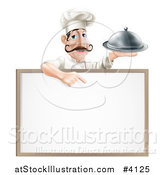 Vector Illustration of a Male Chef Holding a Platter and Pointing down at a White Board by AtStockIllustration