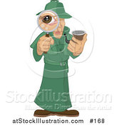 Vector Illustration of a Male Private Investigator Spy in a Green Trench Coat, Smoking a Tobacco Pipe and Looking Through a Magnifying Glass by AtStockIllustration