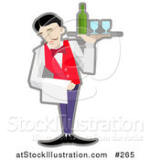 Vector Illustration of a Male Servant Holding a Tray with Wineglasses and a Bottle of Wine by AtStockIllustration