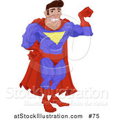 Vector Illustration of a Man in a Red and Blue Super Hero Costume, Smiling and Flexing His Arm Muscle by AtStockIllustration