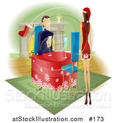 Vector Illustration of a Man Watching His Wife or Girlfriend As She Walks Towards Him with a Gift Behind Her Back by AtStockIllustration