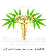 Vector Illustration of a Medical Marijuana Design with a Cannabis Plant Growing on a Gold Snake Caduceus by AtStockIllustration