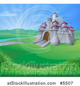 Vector Illustration of a Medieval Castle in a Valley with Sunshine in the Distance by AtStockIllustration