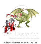Vector Illustration of a Medieval Knight, Saint George, on a Rearing White Horse, Fighting a Dragon by AtStockIllustration