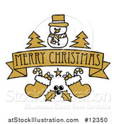 Vector Illustration of a Merry Christmas Banner with Holly Stockings Trees and a Snowman by AtStockIllustration