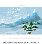 Vector Illustration of a Merry Christmas Greeting over a Geometric Polygon Styled Winter Landscape with Mountains and Evergreen Trees by AtStockIllustration