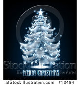 Vector Illustration of a Merry Christmas Greeting Under a Blue Glowing Tree on Black by AtStockIllustration