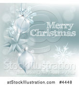 Vector Illustration of a Merry Christmas Greeting with Snowflakes and Suspended Silver Baubles by AtStockIllustration