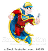 Vector Illustration of a Middle Aged Brunette Caucasian Male Super Hero Mechanic Running with an Adjustable Wrench by AtStockIllustration