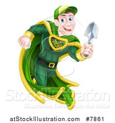 Vector Illustration of a Middle Aged Brunette Caucasian Male Super Hero Running with a Garden Trowel by AtStockIllustration